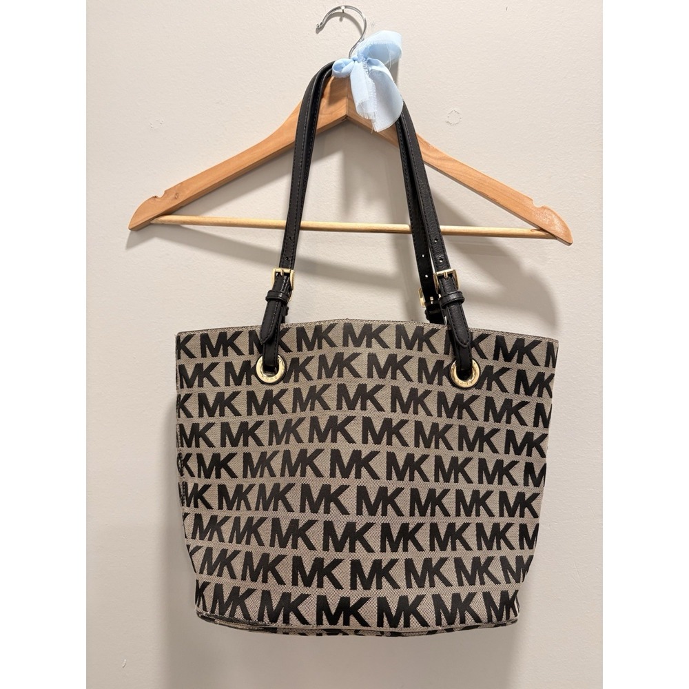 MICHAEL KORS Jet Set Canvas Tote, MK Signature Leather Purse, Large Shoulder Bag